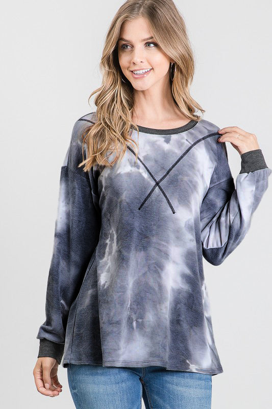 Charcoal Tie-Dye Long Sleeve Top - Cozy with Accent Cuffs and Neckline