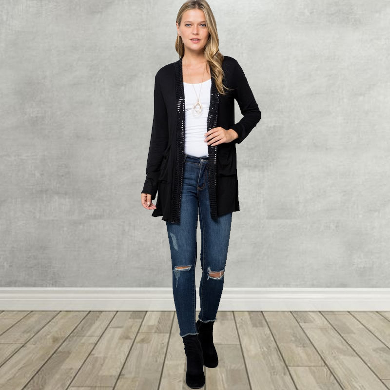 Sequin Trimmed Open Cardigan