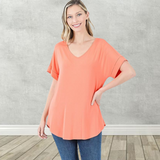 Women's Wide V-Neck Cuffed Short Sleeve Curved Hem Luxe Jersey Top