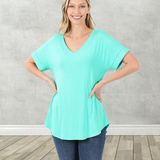 Women's Wide V-Neck Cuffed Short Sleeve Curved Hem Luxe Jersey Top