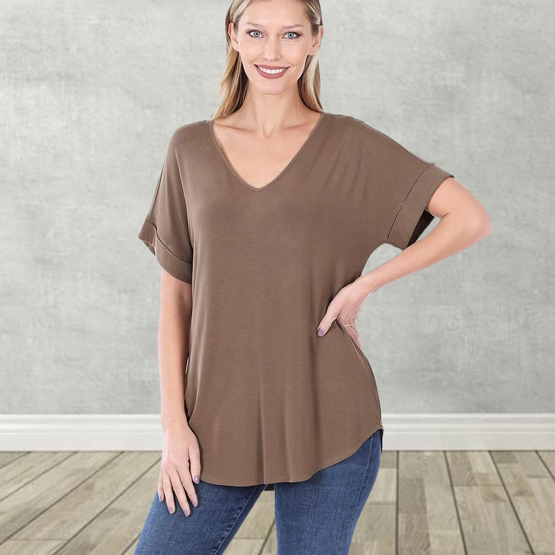 Women's Wide V-Neck Cuffed Short Sleeve Curved Hem Luxe Jersey Top