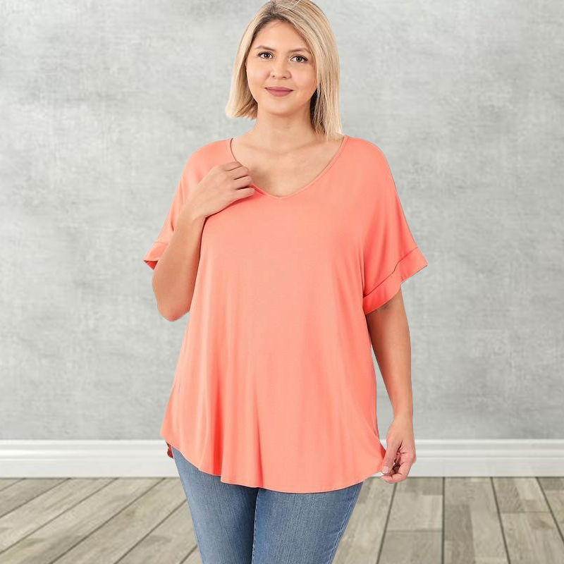 Women's Wide V-Neck Cuffed Short Sleeve Curved Hem Luxe Jersey Top