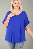 Women's Wide V-Neck Cuffed Short Sleeve Curved Hem Luxe Jersey Top