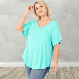 Women's Wide V-Neck Cuffed Short Sleeve Curved Hem Luxe Jersey Top