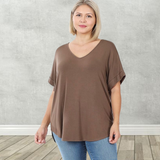 Women's Wide V-Neck Cuffed Short Sleeve Curved Hem Luxe Jersey Top