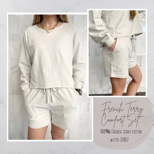 Oversized Cotton Terry Lounge Set – Long Sleeve Top & Drawstring Shorts - Plus