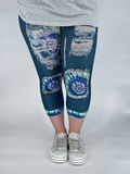 Blue Denim Purple Teal Tie Dye Capri w/ Back Pockets