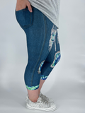Blue Denim Purple Teal Tie Dye Capri w/ Back Pockets