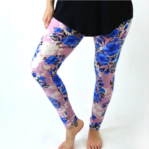 Dusty Rose Bright Blue Floral Print Soft Leggings
