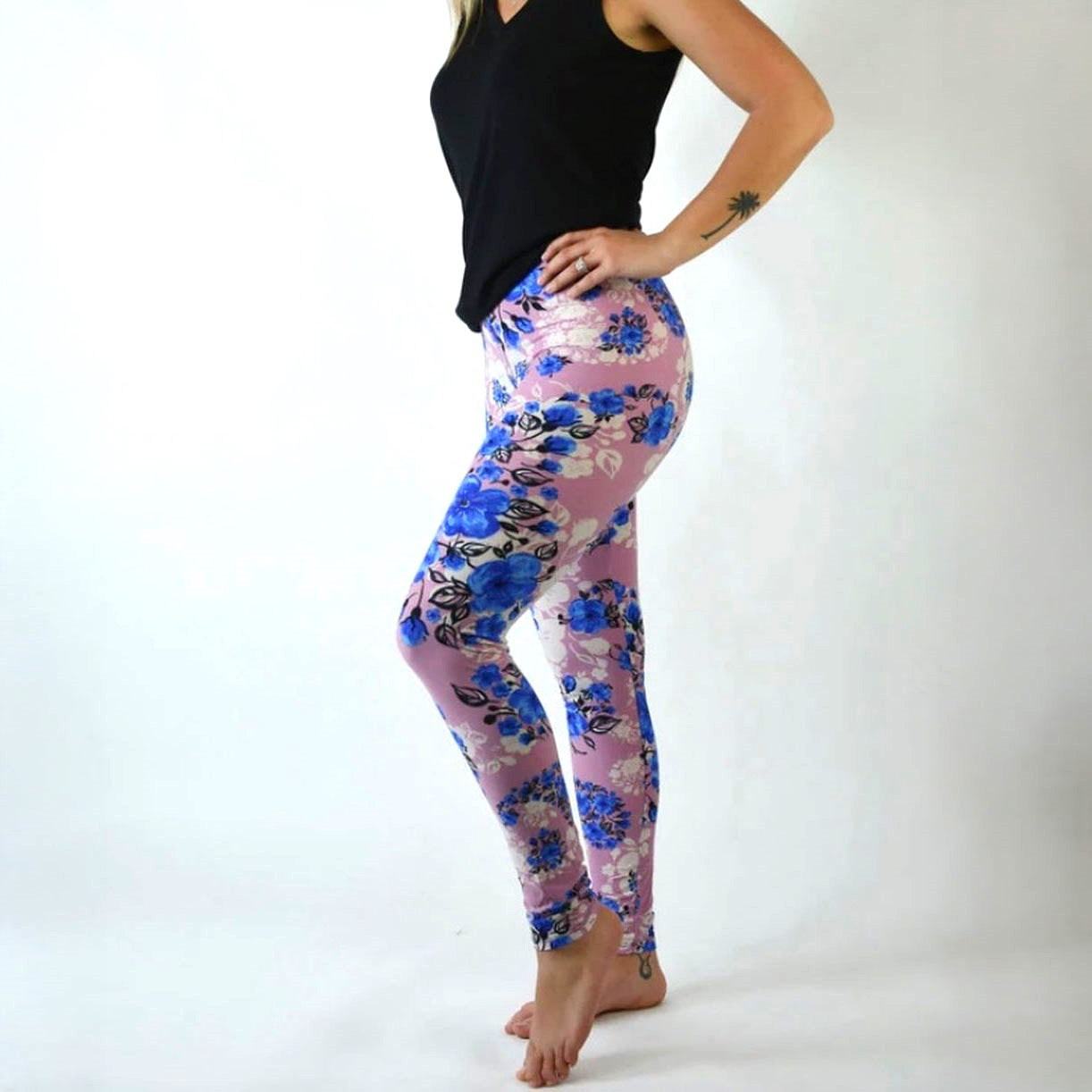 Dusty Rose Bright Blue Floral Print Soft Leggings