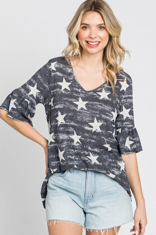 Vintage Star Print V-Neck Top - Ruffled Bell Sleeve Loose Fit Shirt