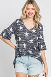 Vintage Star Print V-Neck Top - Ruffled Bell Sleeve Loose Fit Shirt