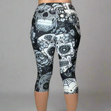 Large Sugar Skull Soft Capri Leggings w/ Pocket In Yoga Band