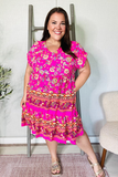 Boho Love Fuchsia Floral Print V Neck Dolman Sleeve Dress