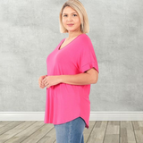 Women's Wide V-Neck Cuffed Short Sleeve Curved Hem Luxe Jersey Top