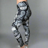 Large Sugar Skull Print Leggings Soft Full Length w/ Pocket In Yoga Band