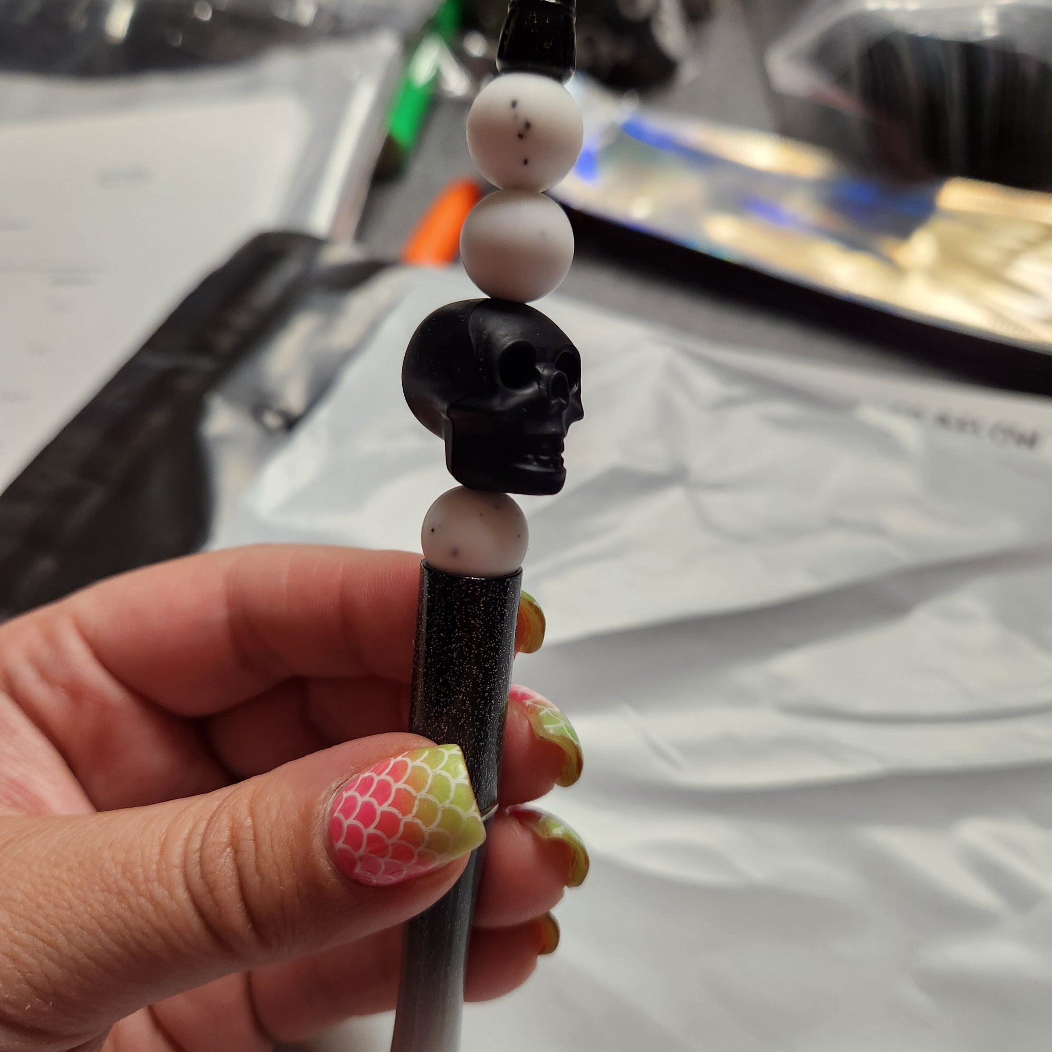 Black Skull Silicone Beaded Pen or Keychain