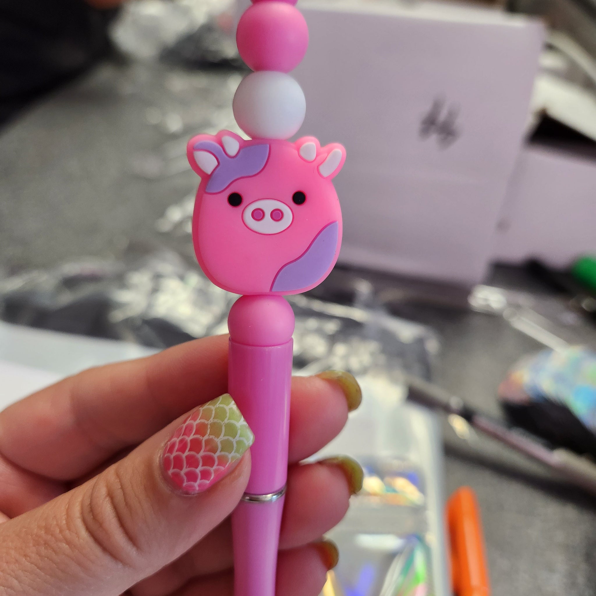 Pink Cow Squash Beaded Pen or Keychain