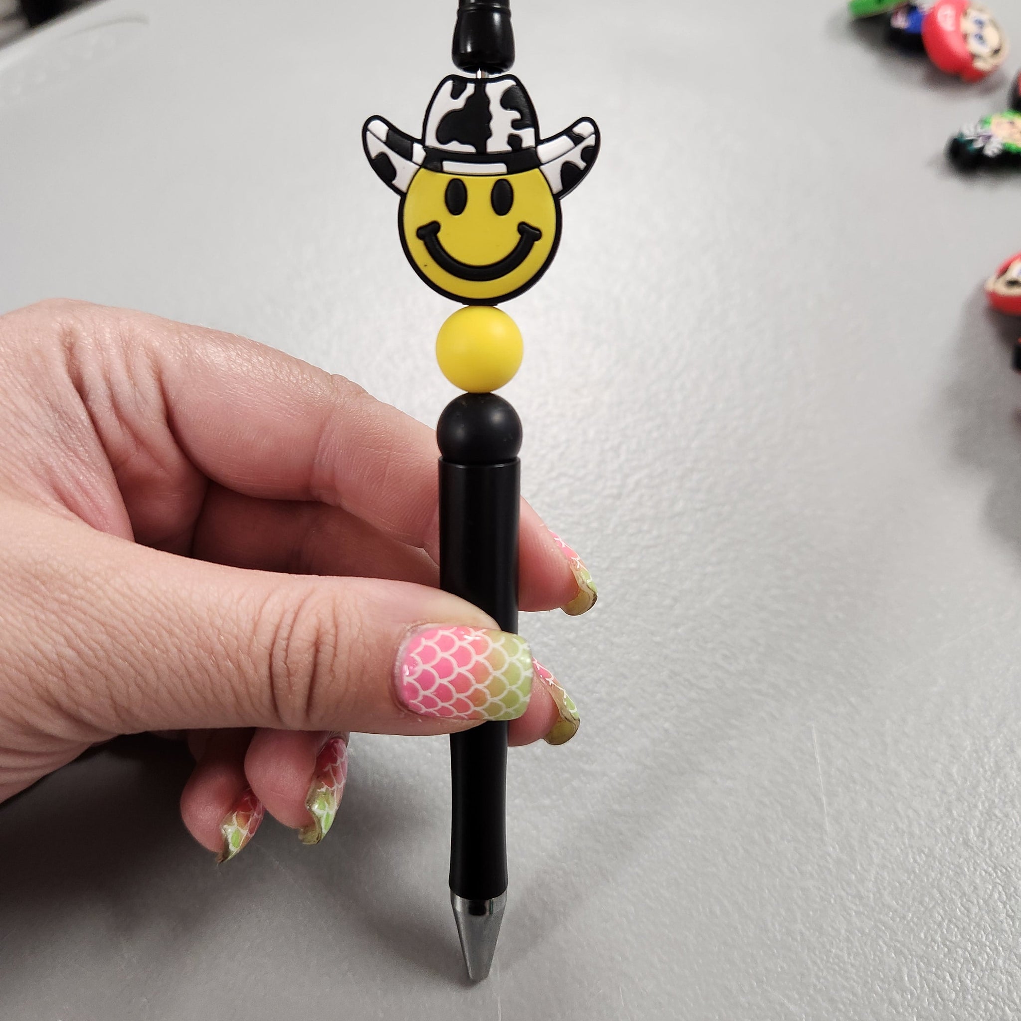 Yellow Cowboy Smiley Silicone Beaded Pen or Keychain
