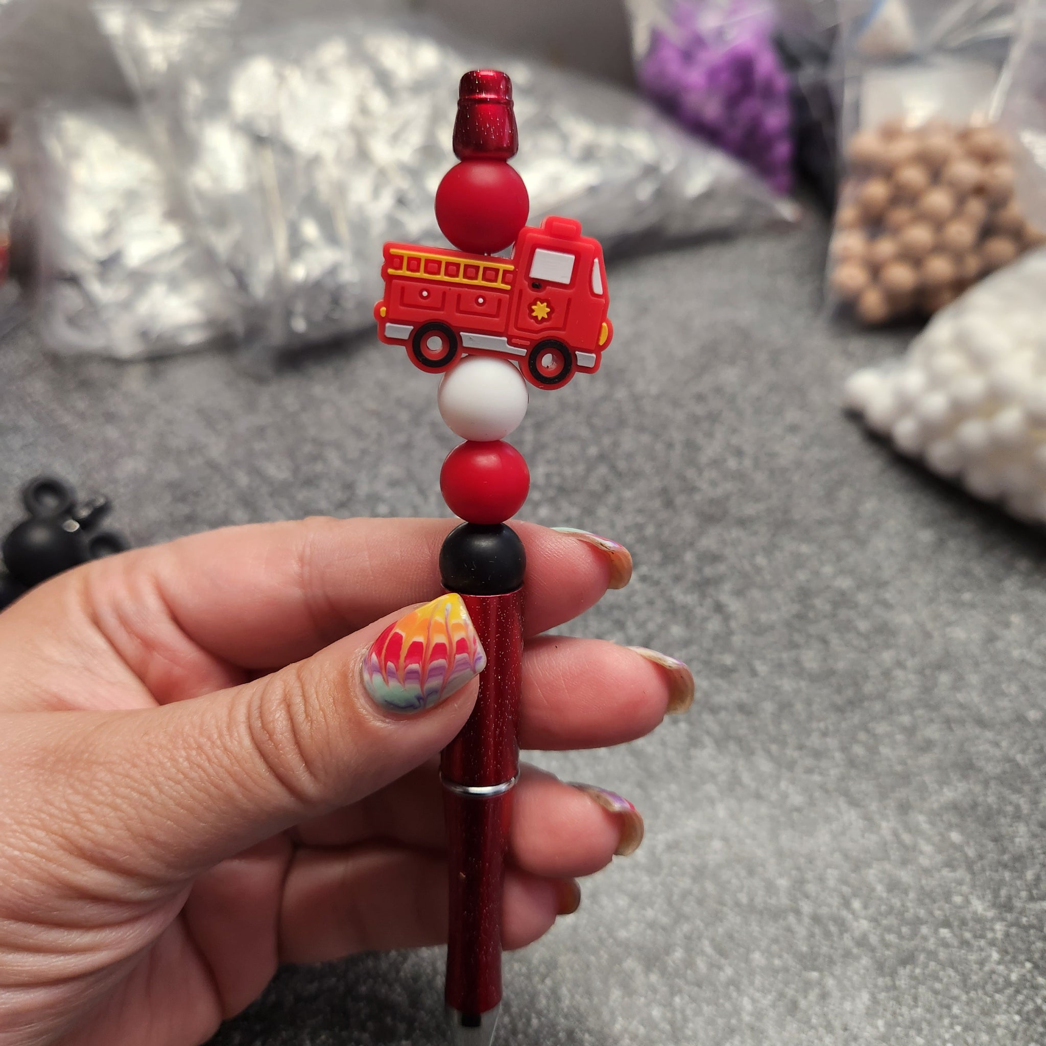 Fire Truck Silicone Beaded Pen or Keychain