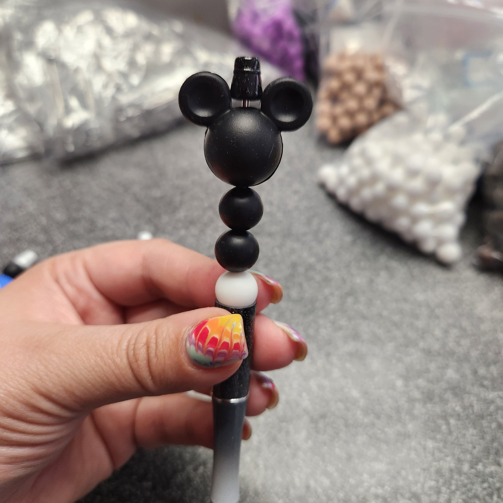 Black Mouse Head Silicone Beaded Pen or Keychain