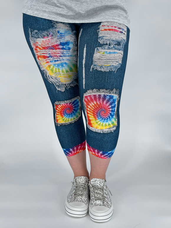 Rainbow Tie Dye Denim Capri w/ Back Pockets