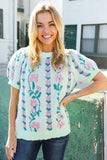 All For Love Mint Jacquard Floral Bubble Sleeve Sweater Top