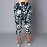 Large Sugar Skull Soft Capri Leggings w/ Pocket In Yoga Band
