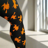 Halloween Orange Witch Print Soft Black Leggings
