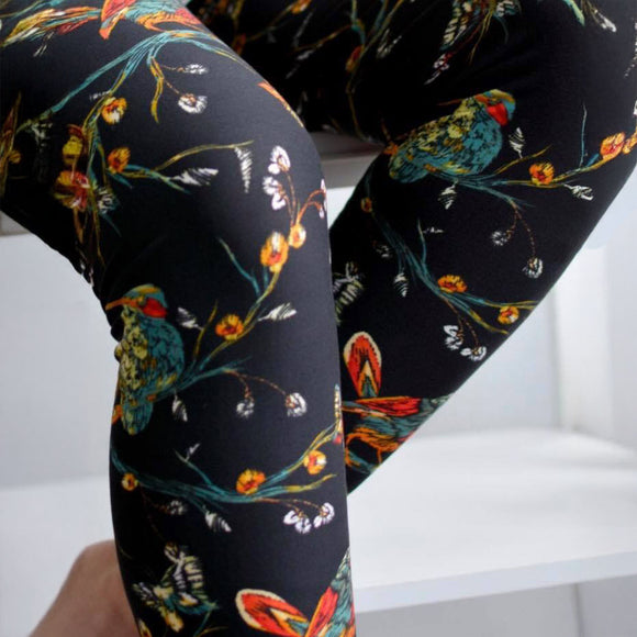 Embroidered Look Birds & Butterflies Print Soft Leggings