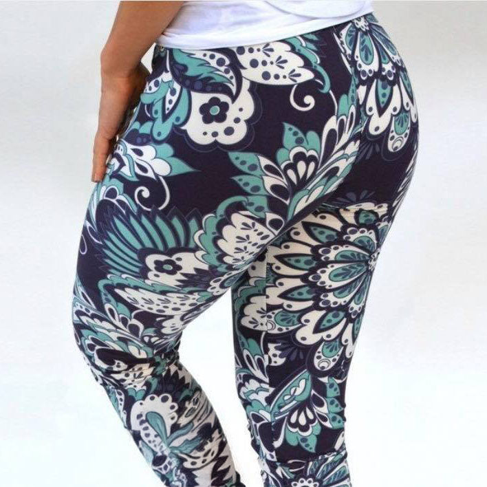 Navy & Teal Floral Paisley Print Leggings