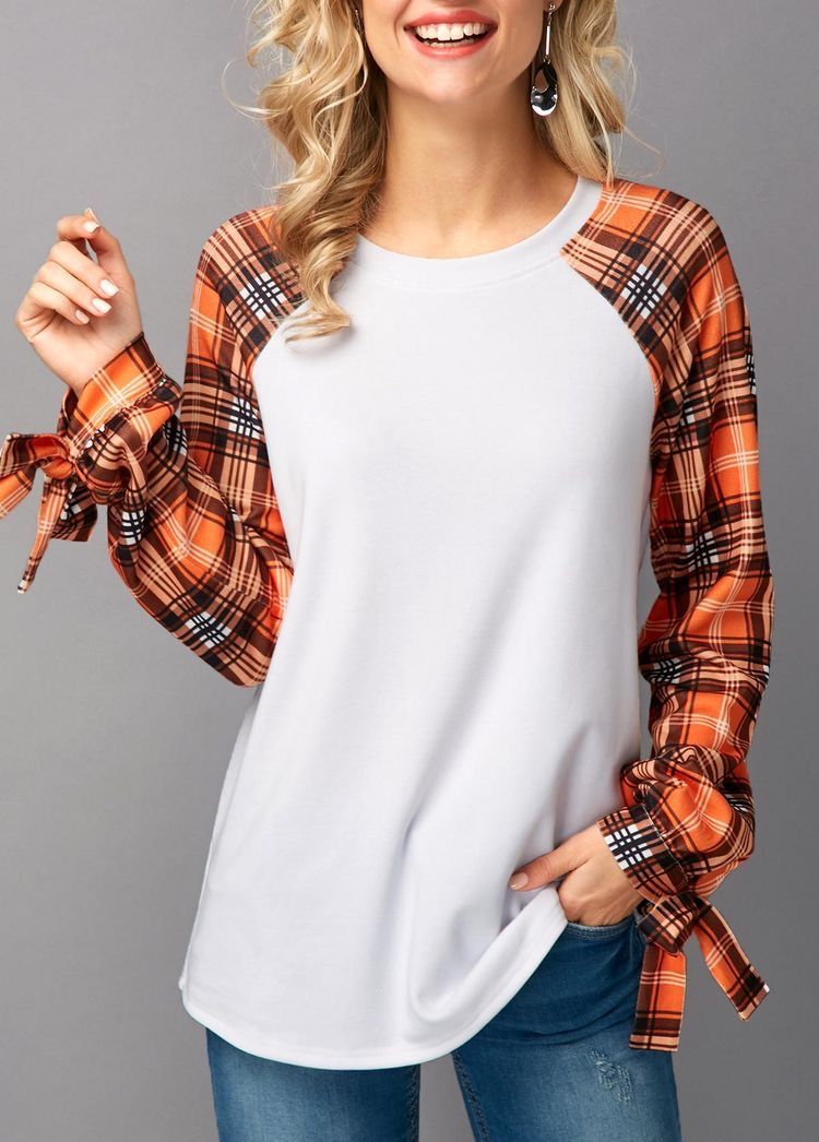 Halloween Orange Plaid Long Sleeve w/ Bows Blank Raglan Top