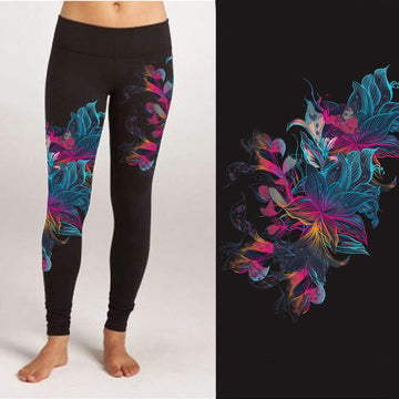 Electric Flower Asymmetrical Print Black Soft Leggings