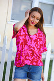 Tropical Trance Magenta Floral V Neck Woven Top