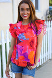 Look of Love Red & Fuchsia Floral Smocked Ruffle Frill Sleeve Top
