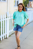 Follow Me Mint Frill Mock Neck Woven Top