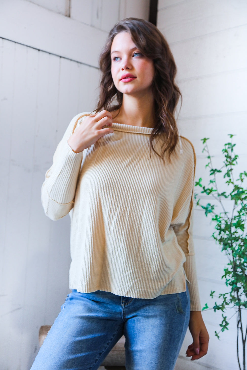 Meet You at the Bookstore Cream Ribbed Long Sleeve