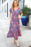 Find Love Blue Floral Raglan Puff Sleeves V Neck Smocked Waist Maxi