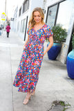 Find Love Blue Floral Raglan Puff Sleeves V Neck Smocked Waist Maxi