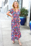 Find Love Blue Floral Raglan Puff Sleeves V Neck Smocked Waist Maxi