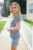 Seize The Day Blue Trim Black & Ivory Stripe Knit Top