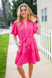 Star Struck Fuchsia Notched Neck Balloon Sleeve Sash Belt Mini Dress