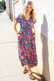Find Love Blue Floral Raglan Puff Sleeves V Neck Smocked Waist Maxi