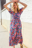 Find Love Blue Floral Raglan Puff Sleeves V Neck Smocked Waist Maxi