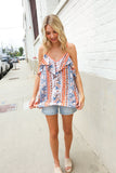 Sunny Days Coral Ruffle V Neck Floral Print Sleeveless Top