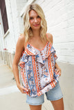 Sunny Days Coral Ruffle V Neck Floral Print Sleeveless Top