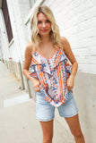 Sunny Days Coral Ruffle V Neck Floral Print Sleeveless Top