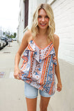 Sunny Days Coral Ruffle V Neck Floral Print Sleeveless Top