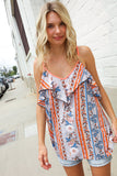 Sunny Days Coral Ruffle V Neck Floral Print Sleeveless Top
