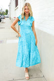 Find Love Blue Boho Print Flutter Sleeve Fit & Flare Dress